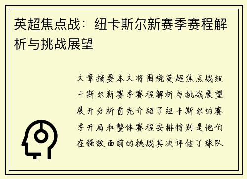 英超焦点战:纽卡斯尔新赛季赛程解析与挑战展望